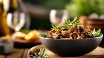 Freshly prepared morel mushrooms with herbs displayed on a rustic wooden table during a warm afternoon gathering photo