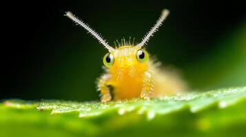 Close-up of a vibrant yellow insect with large eyes on a green leaf in a lush environment during daytime photo