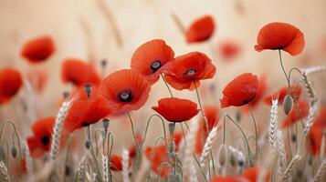 Bright red poppies bloom against a soft background in a serene field during the early morning light photo