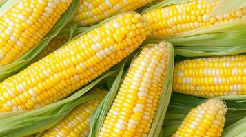 Freshly harvested corn cobs with husks showcasing vibrant yellow kernels in a farm setting photo