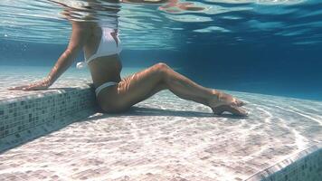 Woman body part relaxing in the pool. Underwater view of the girl in the swimming pool and gliding underwater with bubbles. Summer holiday concept. Luxury pool on vacation at tropical resort spa. video
