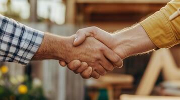 Handshake between two individuals in a collaborative setting showcasing mutual respect and partnership during a sunny day photo