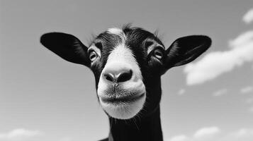 Goat enjoys the sunny day in a clear blue sky at a farm during late afternoon photo