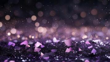 Bokeh background with purple and black shimmering fragments in soft light photo