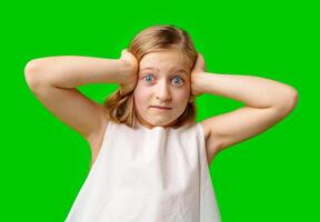 A young girl covers her ears with a worried expression in front of a bright green background photo