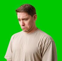 Man with a neutral expression poses against a bright green backdrop photo