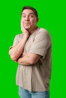 Man posing thoughtfully with hand on chin in casual attire against a bright green background photo