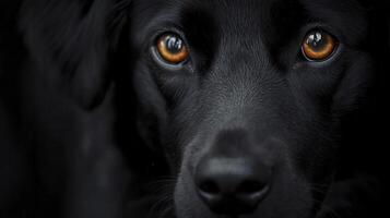 Close-up of a black dog's face with expressive amber eyes against a dark background in a tranquil setting photo