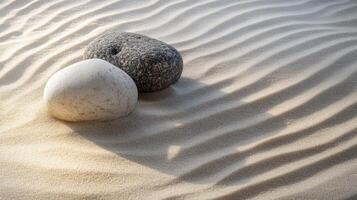 Two stones resting on patterned sand, showcasing intricate shadows during golden hour at a serene beach photo