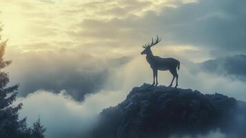 Majestic stag stands on rocky outcrop while mist envelops the valley during sunrise in a serene mountain landscape photo