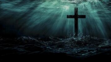 A submerged cross illuminated by rays of light in deep water, capturing a moment of tranquility and reflection photo