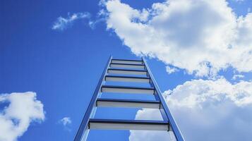 Bright blue sky with fluffy clouds and a metallic ladder reaching upward, symbolizing aspirations and dreams in a serene setting photo