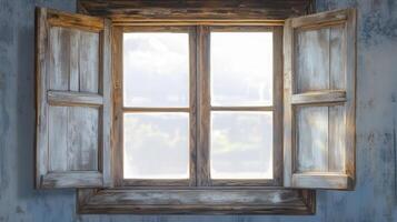 Bright sunlight streaming through an open wooden window in a rustic interior setting with weathered walls photo