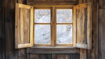 Sunlight streaming through a rustic wooden window in a cabin, creating a warm atmosphere against a rocky landscape photo