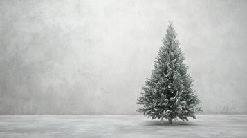 A beautifully decorated Christmas tree stands alone in a minimalist room with a light gray background, creating a serene holiday atmosphere photo