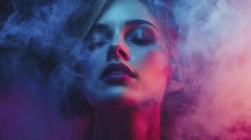 A young woman with closed eyes experiences vibrant colors and smoke in a creative, surreal artistic setting during the night photo