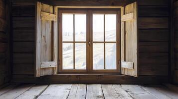 A wooden window with open shutters overlooking a serene landscape during daylight photo
