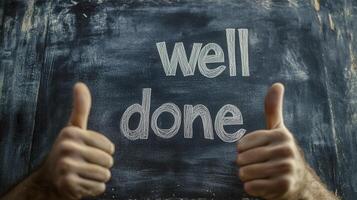 Individuals celebrating success with thumbs up in front of a chalkboard displaying the words well done photo