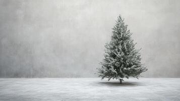 A solitary evergreen tree adorned with snow stands against a soft gray background during a winter morning in a serene landscape photo