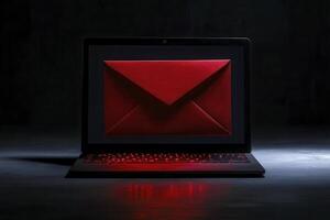 A glowing red envelope displayed on a laptop in a dark setting, highlighting digital communication in a modern workspace photo