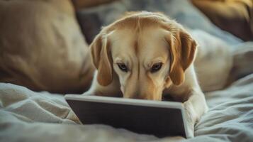 Curious dog interacting with tablet while lying on a cozy bed during a lazy afternoon photo