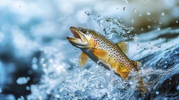 A brown trout leaps dramatically from clear, bubbling water in a scenic freshwater environment during a bright sunny day photo