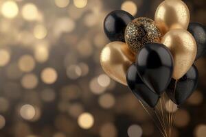 Colorful black and gold balloons create an elegant atmosphere for a celebration or party setting with a festive background in soft focus photo