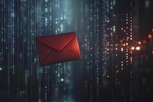 Red envelope floating in a digital background symbolizing communication and technology in a futuristic environment photo