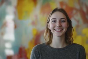 Young woman smiling in front of a colorful abstract mural during daytime showcasing bright hues and cheerful atmosphere photo