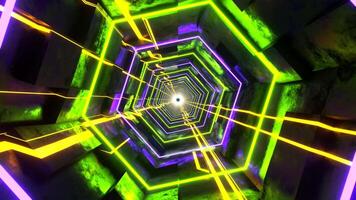 Purple Light Green and Orange Hexagonal Sci-Fi Tunnel With Neon Lights Background VJ Loop l 4K video