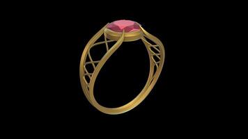 Golden Ring Rotating on a Transparent Background. Loop. Red Diamond Gemstone. 4K video