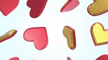 Heart Shape Boxes Falling on a Light Background. Red and Golden Textured Boxes. 4K video