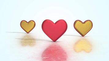 Heart Shape Boxes on a Reflective Floor. Red and Golden Heart Boxes 3D. 4K video