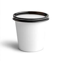 sleek, white food container with black lid, perfect for takeout or storage. This versatile design is ideal for various culinary uses, ensuring freshness and convenience photo