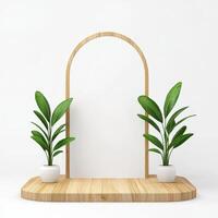 Minimalist display with wooden arch mirror and potted plants, creating serene atmosphere. Perfect for home decor or interior design inspiration photo