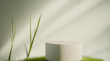 white podium on grass with minimal design and natural light photo