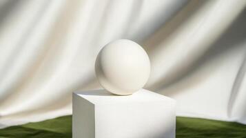 white sphere on textured cube with soft fabric backdrop photo