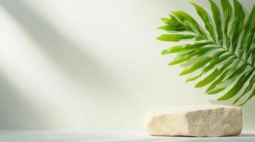 minimalistic podium with stone and green leaf on white background photo