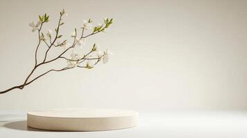 minimalistic white podium with delicate branch of blossoms on soft background photo