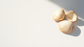 Seashells casting shadows on minimalistic white background, evoking summer photo