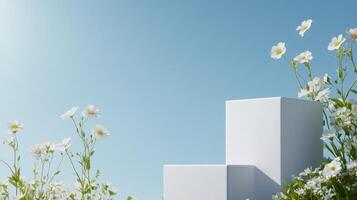 White podium with daisies under clear blue sky, creating serene and minimalist summer scene photo