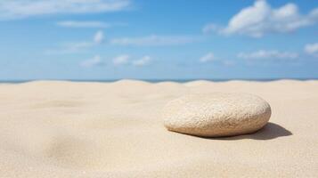 smooth stone rests on sandy beach under clear blue sky photo