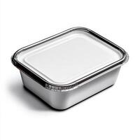 sleek, rectangular food container with shiny aluminum rim and white lid, perfect for meal prep or takeout. Ideal for storing various dishes securely photo