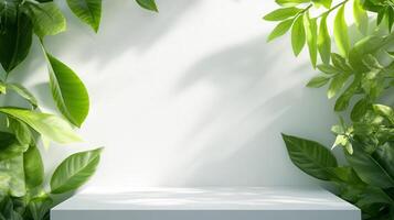 Minimalist white podium surrounded by lush green leaves, creating fresh and natural atmosphere photo