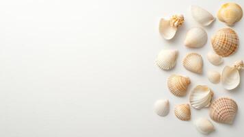 Seashells arranged on white background create simple and minimalistic summer vibe photo