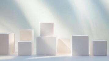 Minimalist white geometric shapes in soft light create serene atmosphere photo