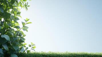 Lush green leaves and grass against clear blue sky create serene summer scene photo