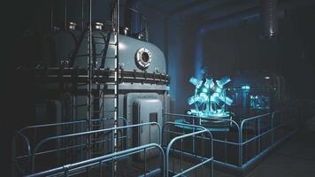 Exploring a high tech futuristic laboratory with glowing bioreactors at night video