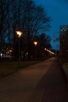 A pedestrian path illuminated by lanterns in the evening, in December photo