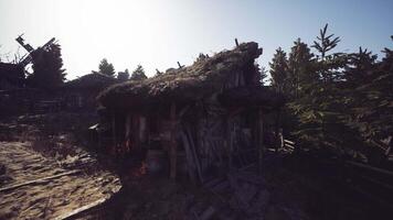 Rustic abandoned hut surrounded by trees and rugged terrain in daylight video